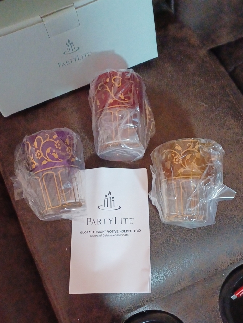4/$80 New PartyLite Global Fusion Votive Holder Trio - Purple, Red, Gold